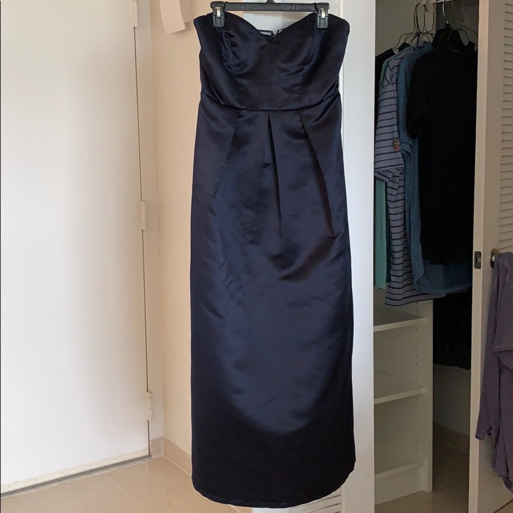 Haley Paige Bridesmaid Indigo Satin Strapless Gown